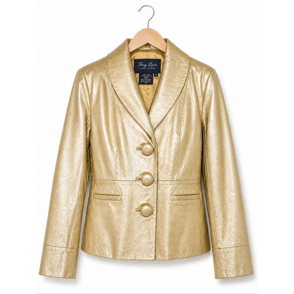 Terry Lewis Classic Luxuries Buttery Yellow Metallic Leather Button Front Blazer